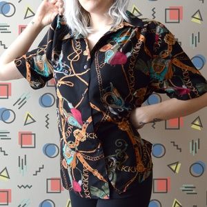 Retro Ranch Print Silky Button-up Collared Tee